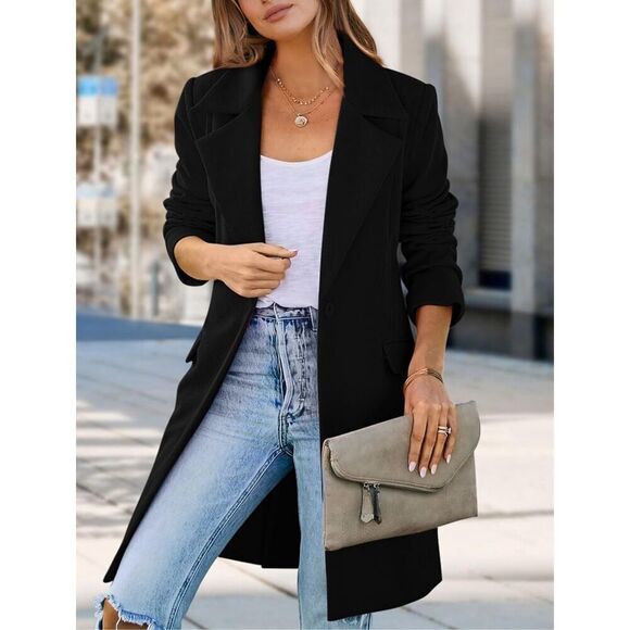 NEW Long Blazer Jacket Lapel Pockets Loose Fit Career S - Picture 3 of 5